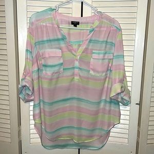 Torrid size 00 Harper Pastel Pink/Green/White Striped 3/4 Roll-Tab Sleeves